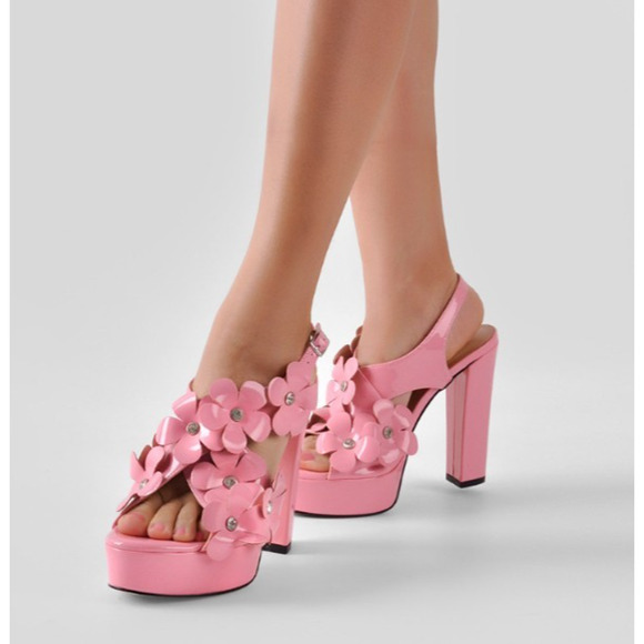 Womens Pink Platform Coquette Glam Bling Chunky High Heel Flower Sandals Size 9 - Picture 1 of 7